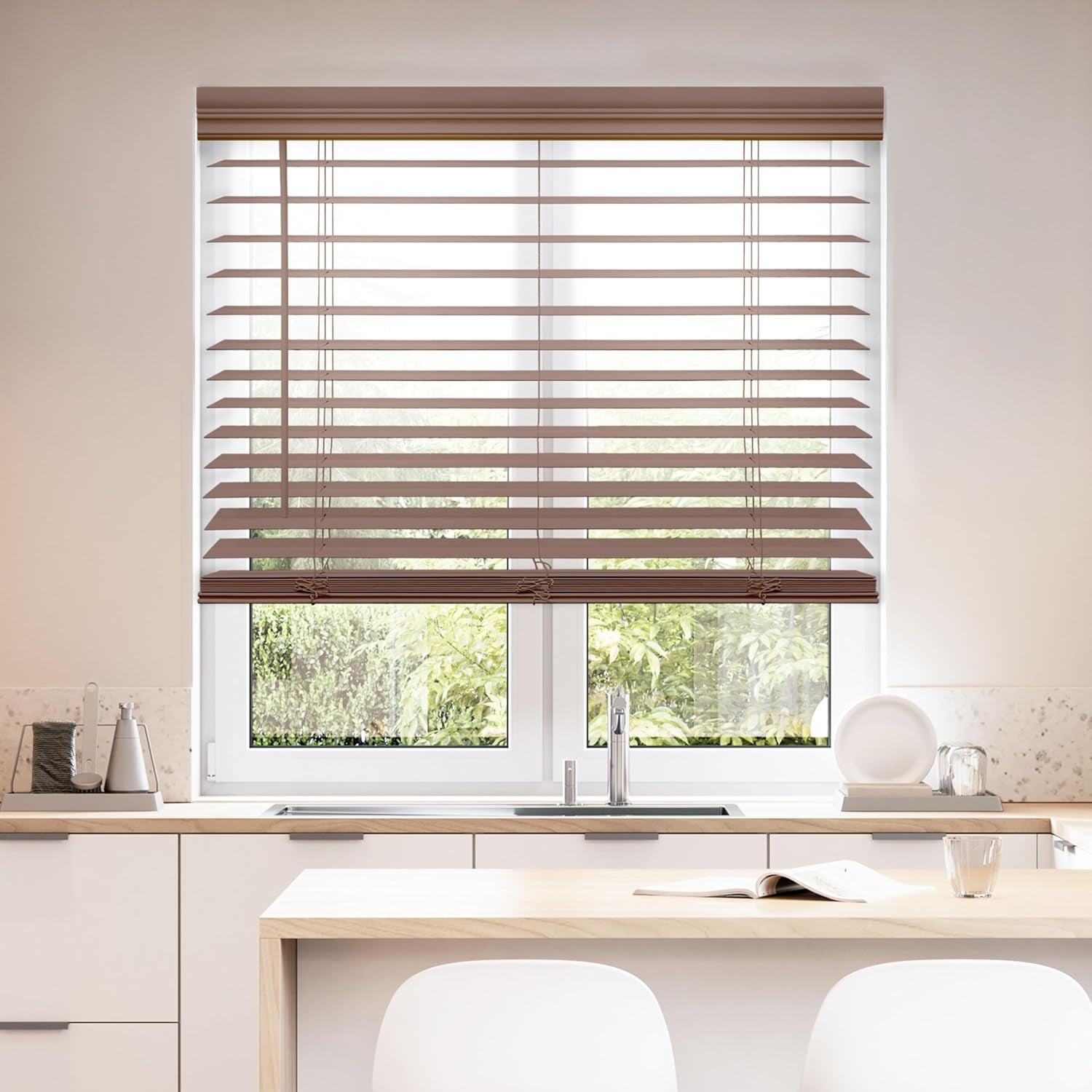 Cordless 2" Faux Wood Blind, 35" W X 48" H, Dark Oak