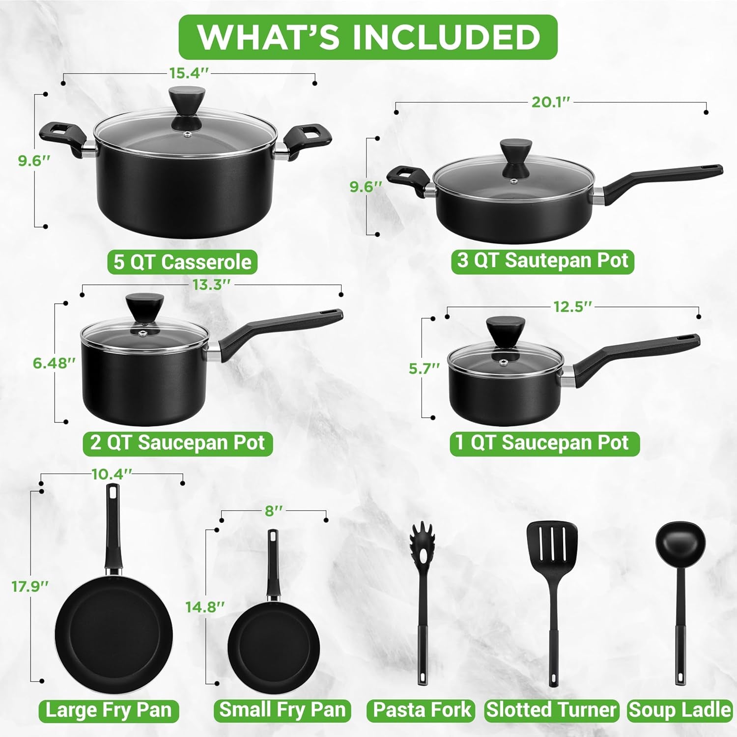 13-Piece Nonstick Cookware - Heat Resistant Kitchen Ware Set W/Saucepan, Frying Pans, Cooking Pots, Casserole, Lids, Ladle, Fork, Strainer - NCCWA13, Black