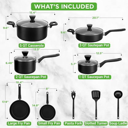 13-Piece Nonstick Cookware - Heat Resistant Kitchen Ware Set W/Saucepan, Frying Pans, Cooking Pots, Casserole, Lids, Ladle, Fork, Strainer - NCCWA13, Black
