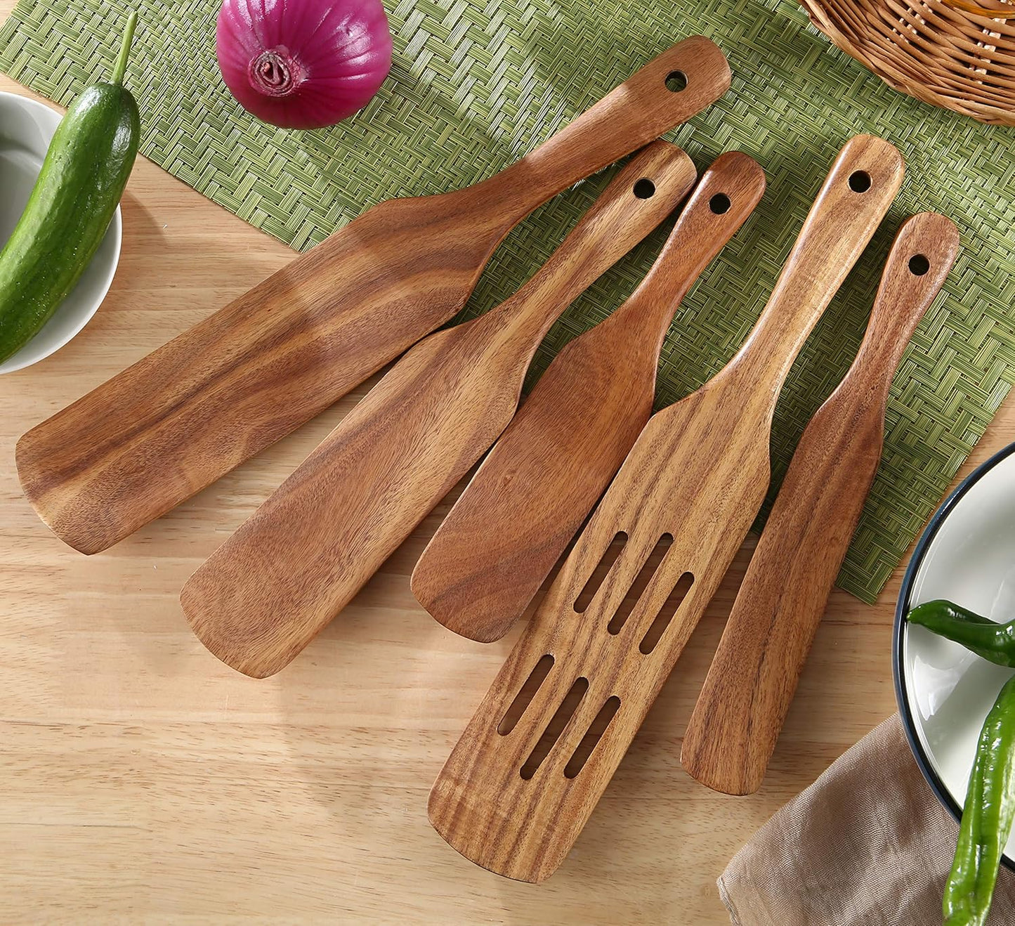 Wooden Spurtle Set, 5 Pcs Premium Wood Spurtles Kitchen Tools Wooden Spatula Spoons Utensils Set for Nonstick Cookware Instant Pot Cooking Baking