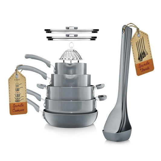 17 Piece Non-Stick Cookware Set, Pots & Pans with Foldable Knob, Space Saving, Stackable, Nylon Tools Set, Induction Base, Gray
