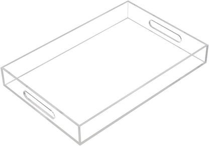 Clear Sturdy Acrylic Serving Tray with Handles-10X15Inch-Serving Coffee,Appetizer,Breakfast,Butler-Kitchen Countertop Tray-Makeup Drawer Organizer-Vanity Table Tray-Ottoman Tray-Decorative Tray