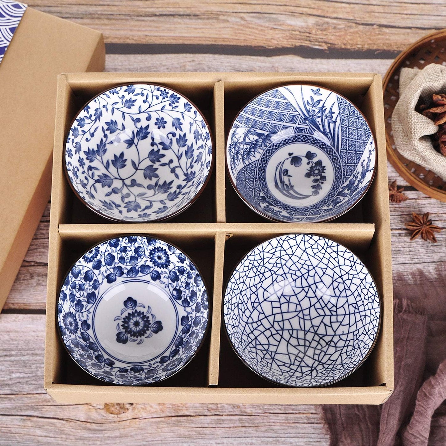 Set of 4 Japanese Style Ceramic Rice Bowl with Gift Box,Blue and White Pattern Bowls Set,Underglazed Dinnerware, for Dessert Snack Cereal Soup Portion Control Bowl