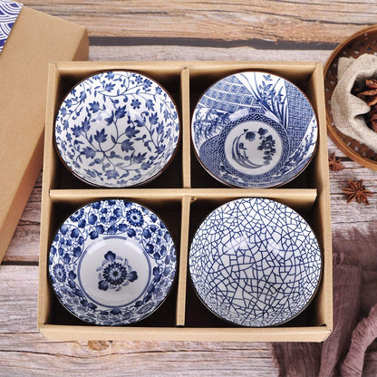 Set of 4 Japanese Style Ceramic Rice Bowl with Gift Box,Blue and White Pattern Bowls Set,Underglazed Dinnerware, for Dessert Snack Cereal Soup Portion Control Bowl