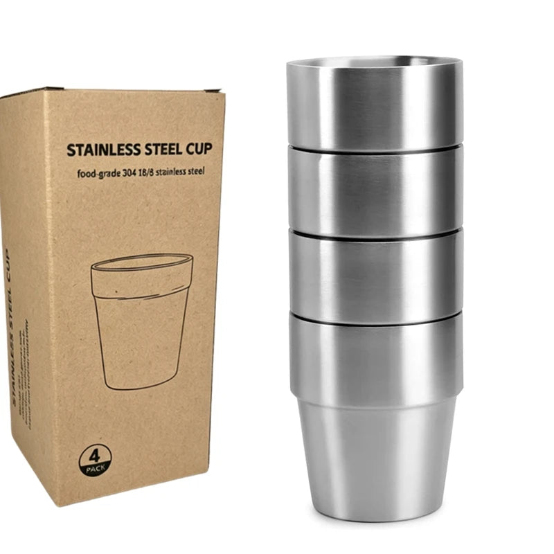 304 Stainless Steel Metal Drinking Mugs 4 PCS Coffee Cups Double Wall Stackable Reusable Outdoor Camping Cup Set Home Drink-Ware