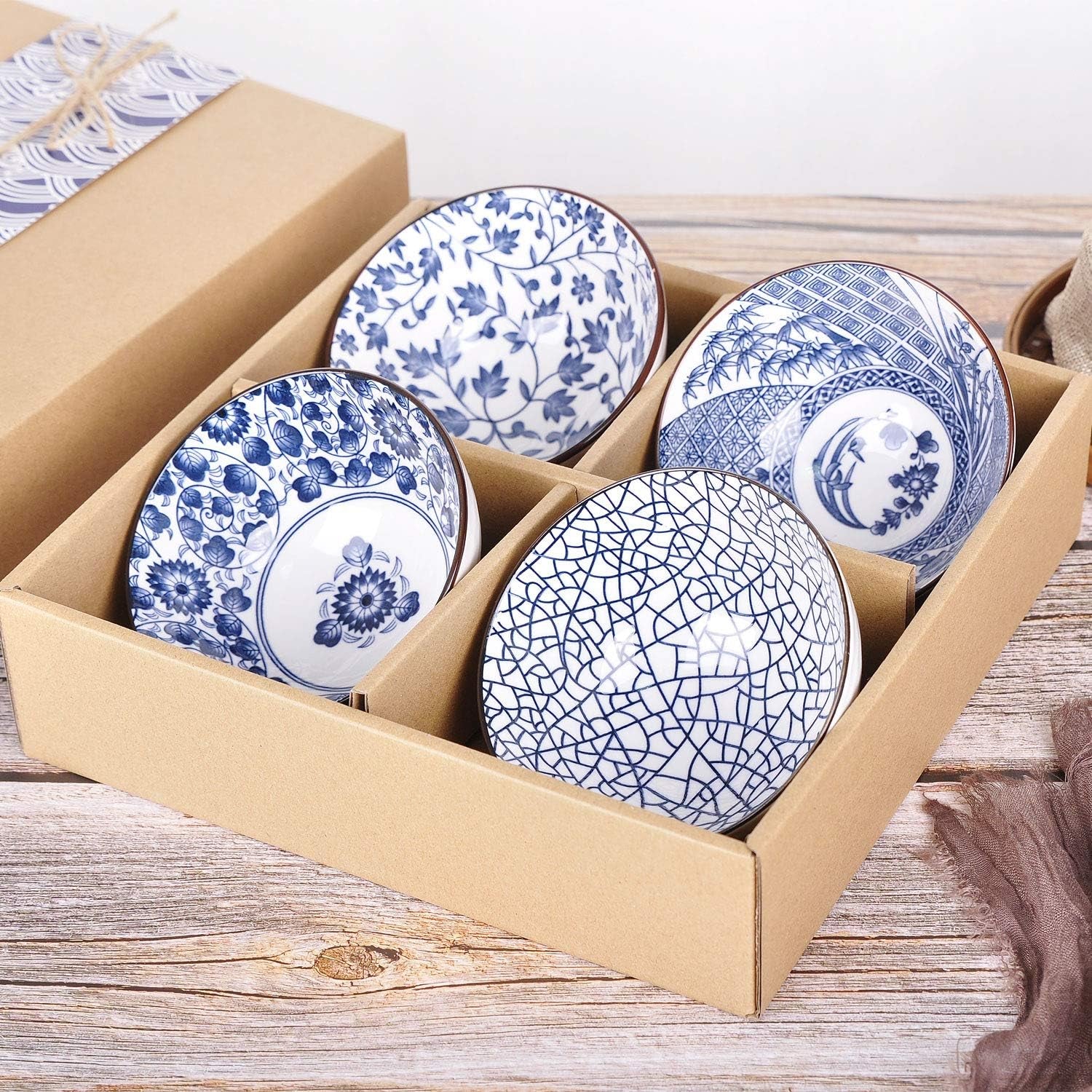 Set of 4 Japanese Style Ceramic Rice Bowl with Gift Box,Blue and White Pattern Bowls Set,Underglazed Dinnerware, for Dessert Snack Cereal Soup Portion Control Bowl