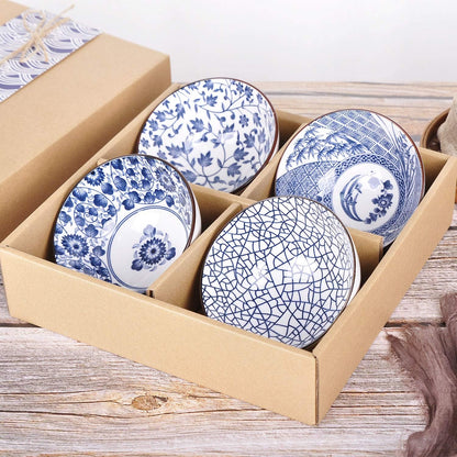 Set of 4 Japanese Style Ceramic Rice Bowl with Gift Box,Blue and White Pattern Bowls Set,Underglazed Dinnerware, for Dessert Snack Cereal Soup Portion Control Bowl