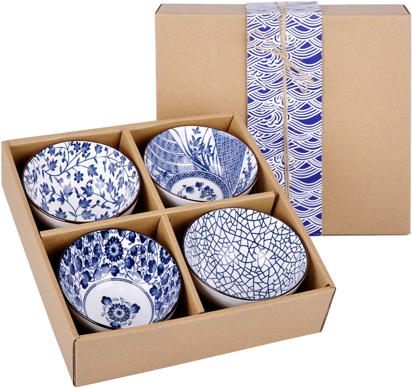 Set of 4 Japanese Style Ceramic Rice Bowl with Gift Box,Blue and White Pattern Bowls Set,Underglazed Dinnerware, for Dessert Snack Cereal Soup Portion Control Bowl