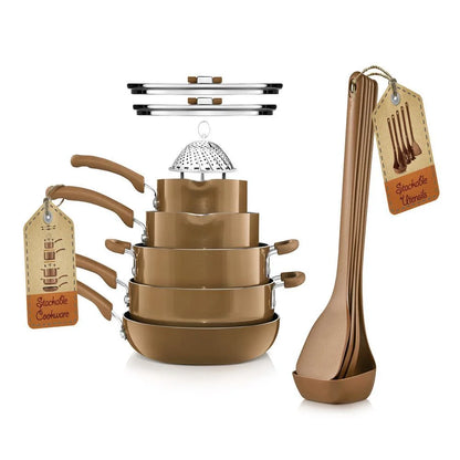 17 Piece Non-Stick Cookware Set, Pots & Pans with Foldable Knob, Space Saving, Stackable, Nylon Tools Set, Induction Base, Brown