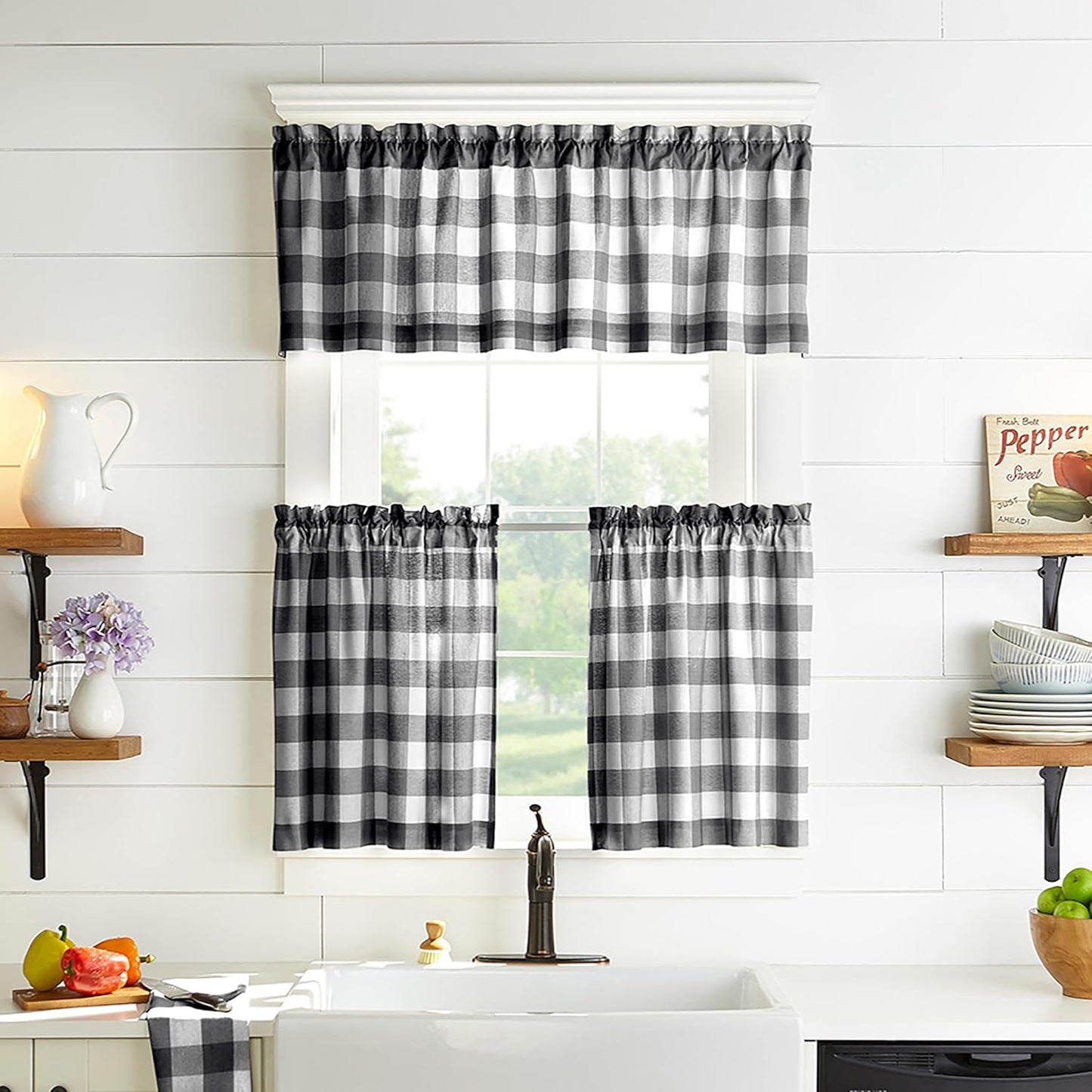 Home Fashions Farmhouse Living Buffalo-Check Tier Curtain Set for Bathroom or Kitchen Curtains, 30" X 24"(Set of 2 Tiers), Black/White