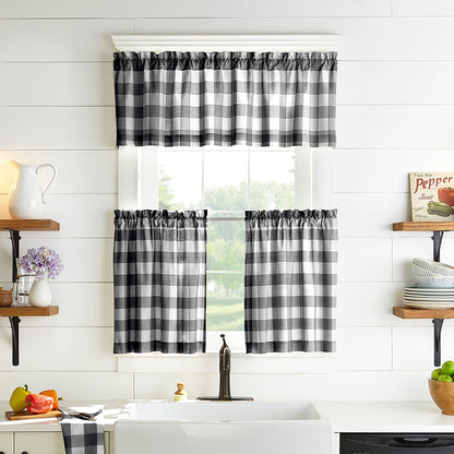 Home Fashions Farmhouse Living Buffalo-Check Tier Curtain Set for Bathroom or Kitchen Curtains, 30" X 24"(Set of 2 Tiers), Black/White
