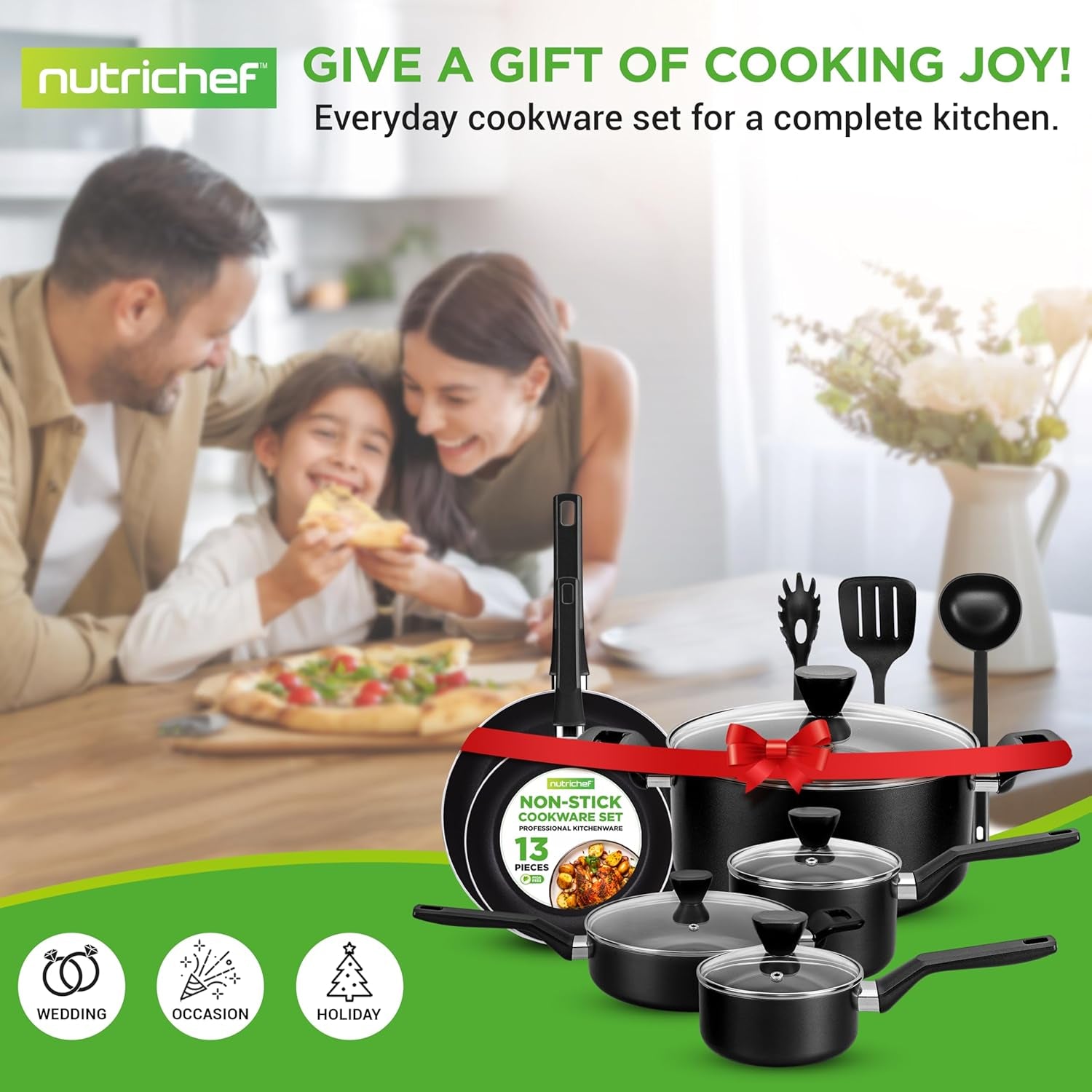 13-Piece Nonstick Cookware - Heat Resistant Kitchen Ware Set W/Saucepan, Frying Pans, Cooking Pots, Casserole, Lids, Ladle, Fork, Strainer - NCCWA13, Black