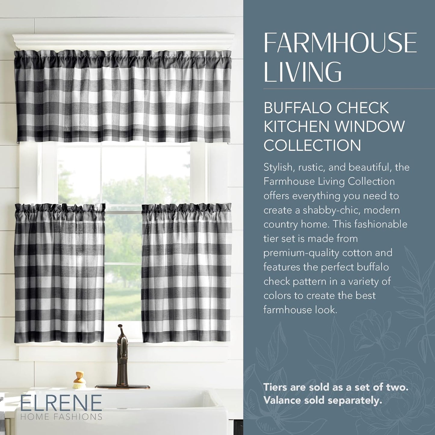 Home Fashions Farmhouse Living Buffalo-Check Tier Curtain Set for Bathroom or Kitchen Curtains, 30" X 24"(Set of 2 Tiers), Black/White