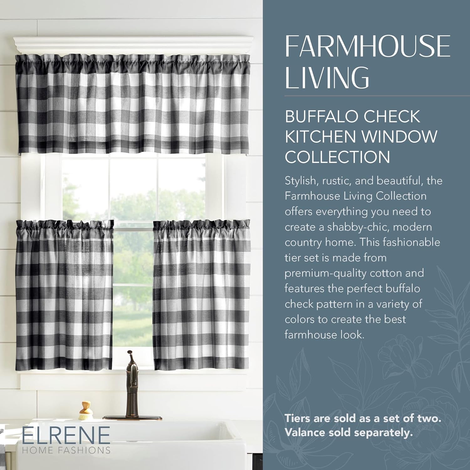 Home Fashions Farmhouse Living Buffalo-Check Tier Curtain Set for Bathroom or Kitchen Curtains, 30" X 24"(Set of 2 Tiers), Black/White