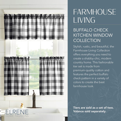 Home Fashions Farmhouse Living Buffalo-Check Tier Curtain Set for Bathroom or Kitchen Curtains, 30" X 24"(Set of 2 Tiers), Black/White