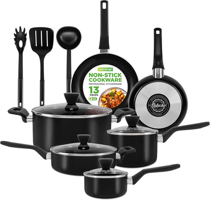 13-Piece Nonstick Cookware - Heat Resistant Kitchen Ware Set W/Saucepan, Frying Pans, Cooking Pots, Casserole, Lids, Ladle, Fork, Strainer - NCCWA13, Black