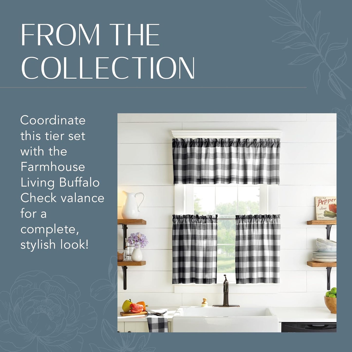 Home Fashions Farmhouse Living Buffalo-Check Tier Curtain Set for Bathroom or Kitchen Curtains, 30" X 24"(Set of 2 Tiers), Black/White