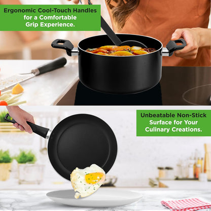 13-Piece Nonstick Cookware - Heat Resistant Kitchen Ware Set W/Saucepan, Frying Pans, Cooking Pots, Casserole, Lids, Ladle, Fork, Strainer - NCCWA13, Black