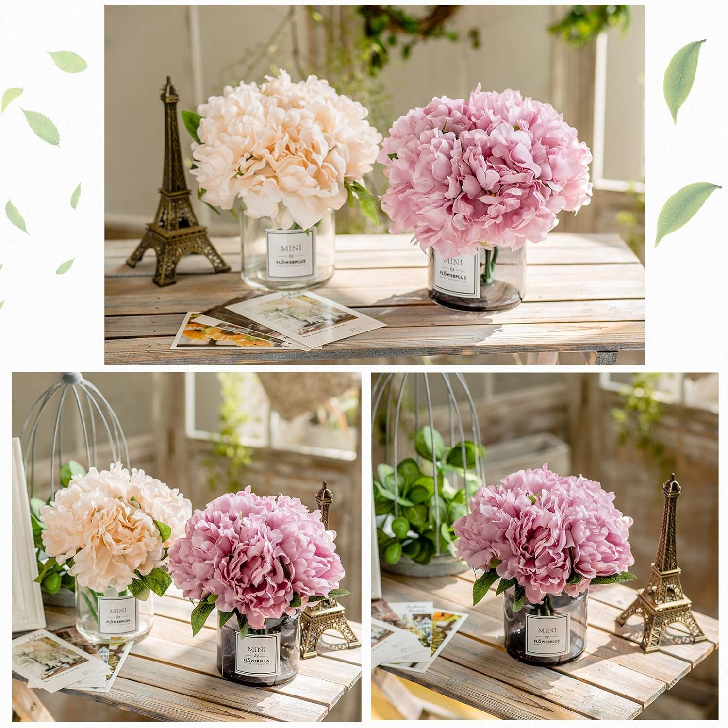 Artificial Peony and Glass Vase, Ins Style Artificial Flower Glass Bottle Set, Suitable for Living Room, Dining Table, Office, Wedding, Hotel Banquet and Other Home Decoration. (Purple Pink)
