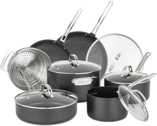 Viking Pots and Pans Set Non Stick,12 Piece Hard Anodized Kitchen Cookware with Glass Lids, Black