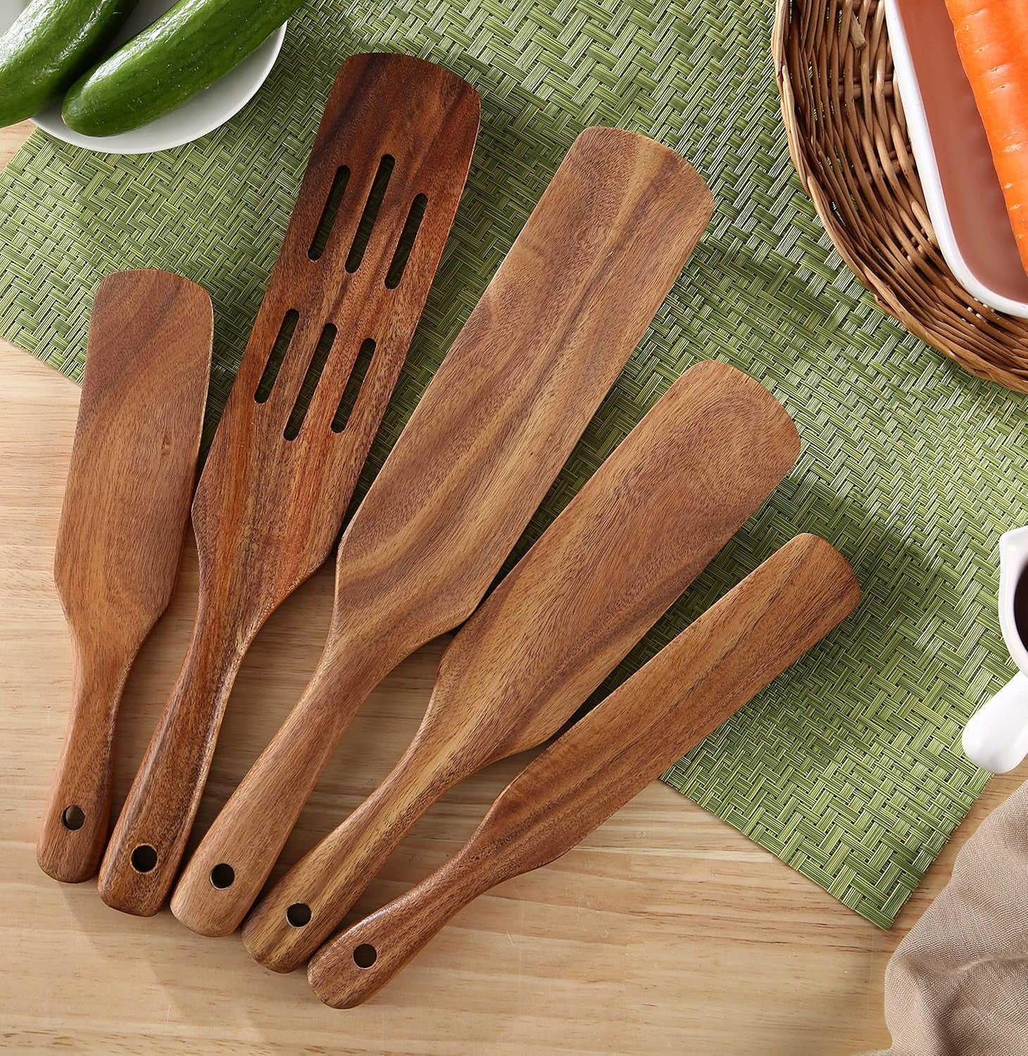 Wooden Spurtle Set, 5 Pcs Premium Wood Spurtles Kitchen Tools Wooden Spatula Spoons Utensils Set for Nonstick Cookware Instant Pot Cooking Baking