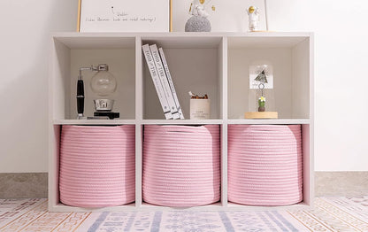 Storage Cubes Baskets Bins Organizer 11X11X11'' Fit 12X12''Cube Storage Organizer Bookcases Shelf,Durable Woven Cotton Storage Basket for Organizing,Round 3Pack Pink