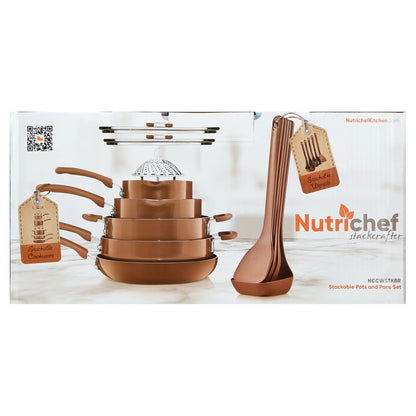 17 Piece Non-Stick Cookware Set, Pots & Pans with Foldable Knob, Space Saving, Stackable, Nylon Tools Set, Induction Base, Brown