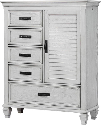 Coaster Home Furnishings - Franco - Wood - 5-Drawer Chest with Louvered Door, Bar Pull Handles and Soft-Closing Drawers - Farmhouse - Bedroom - Distressed White - 205338