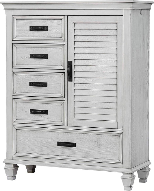 Coaster Home Furnishings - Franco - Wood - 5-Drawer Chest with Louvered Door, Bar Pull Handles and Soft-Closing Drawers - Farmhouse - Bedroom - Distressed White - 205338