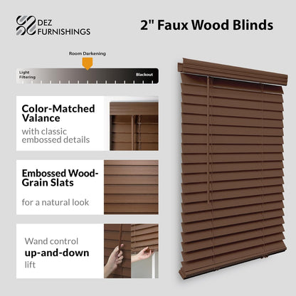 Cordless 2" Faux Wood Blind, 35" W X 48" H, Dark Oak