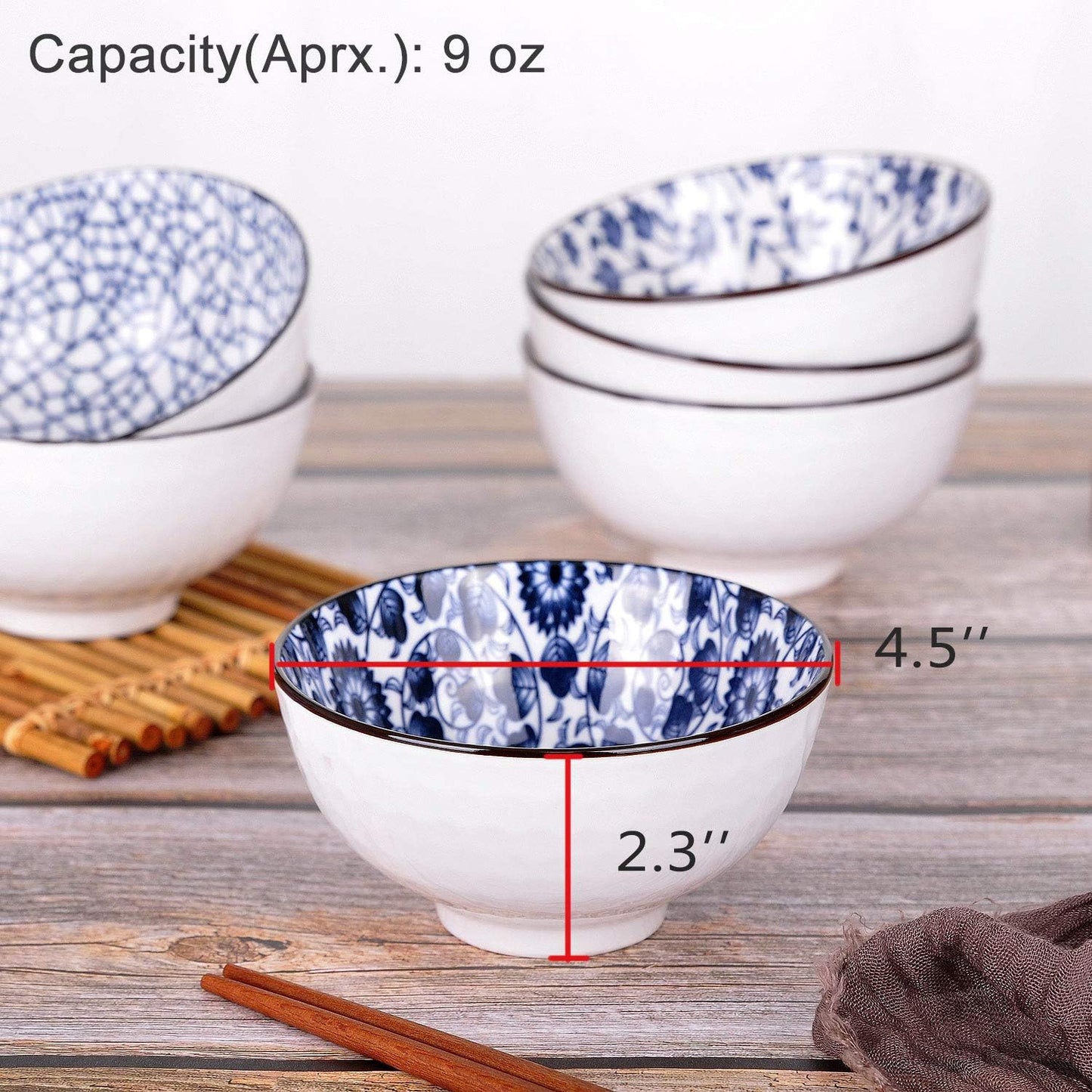 Set of 4 Japanese Style Ceramic Rice Bowl with Gift Box,Blue and White Pattern Bowls Set,Underglazed Dinnerware, for Dessert Snack Cereal Soup Portion Control Bowl