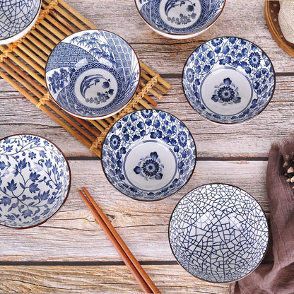 Set of 4 Japanese Style Ceramic Rice Bowl with Gift Box,Blue and White Pattern Bowls Set,Underglazed Dinnerware, for Dessert Snack Cereal Soup Portion Control Bowl