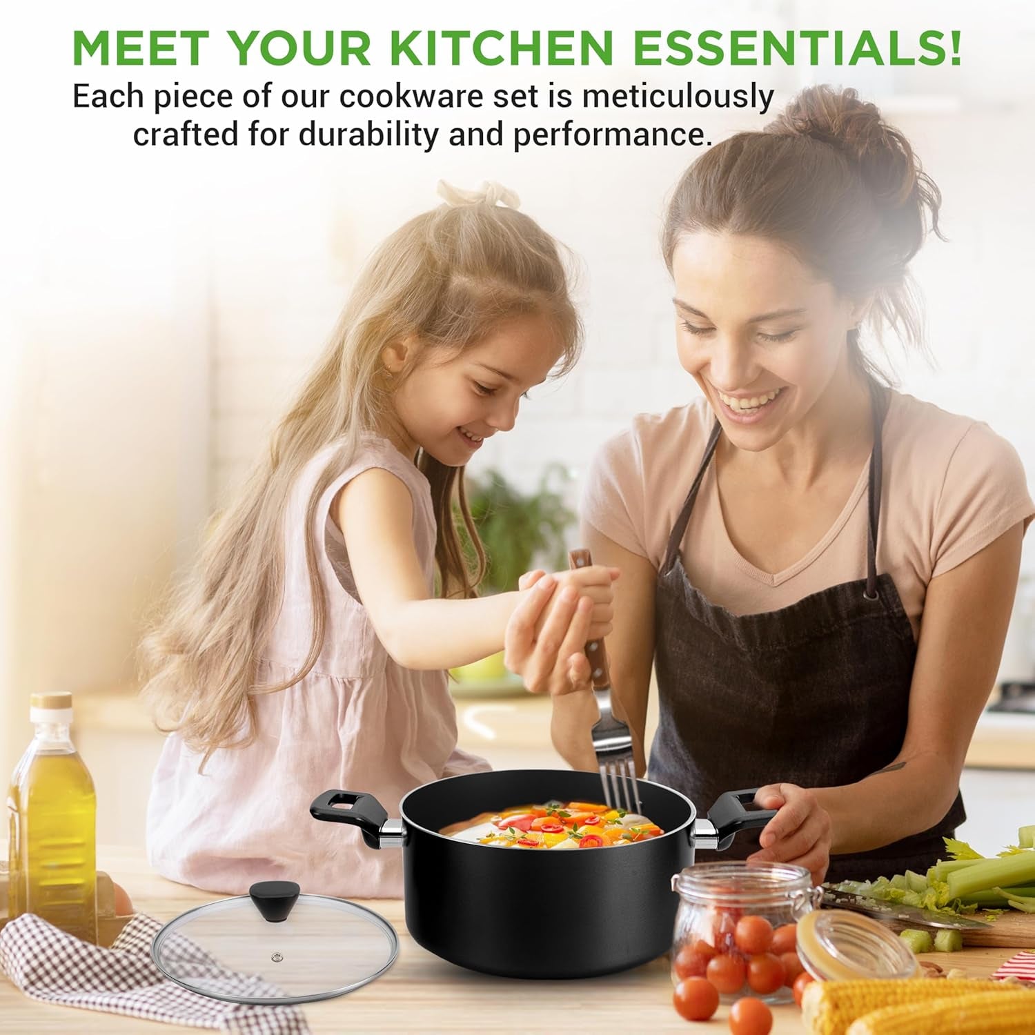 13-Piece Nonstick Cookware - Heat Resistant Kitchen Ware Set W/Saucepan, Frying Pans, Cooking Pots, Casserole, Lids, Ladle, Fork, Strainer - NCCWA13, Black