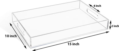 Clear Sturdy Acrylic Serving Tray with Handles-10X15Inch-Serving Coffee,Appetizer,Breakfast,Butler-Kitchen Countertop Tray-Makeup Drawer Organizer-Vanity Table Tray-Ottoman Tray-Decorative Tray