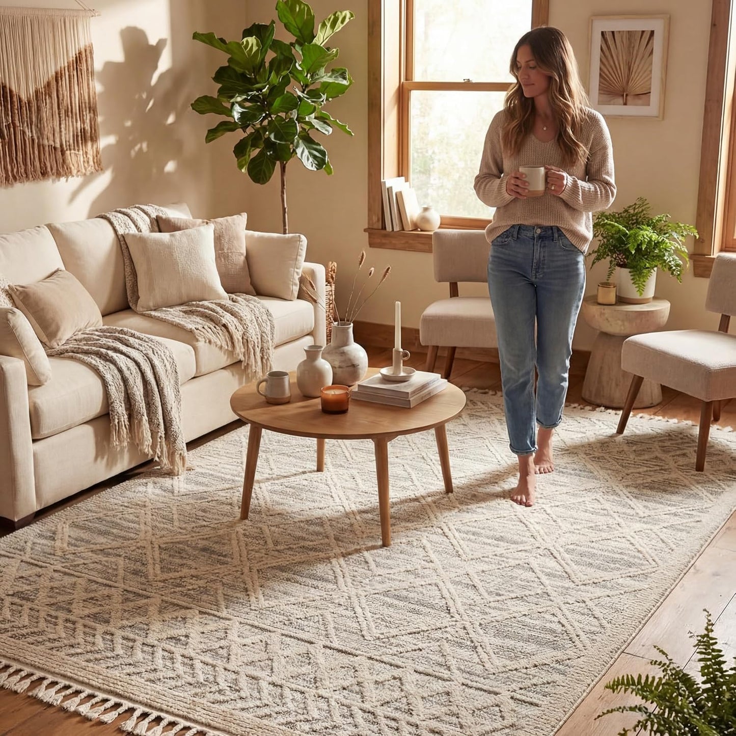 10X14 Ansley Moroccan Tassel Area Rug, Light Grey, High-Low Textured Bohemian Design, Plush High Pile, Stain Resistant, for Bedroom, Living Room, Hallway, Entryway