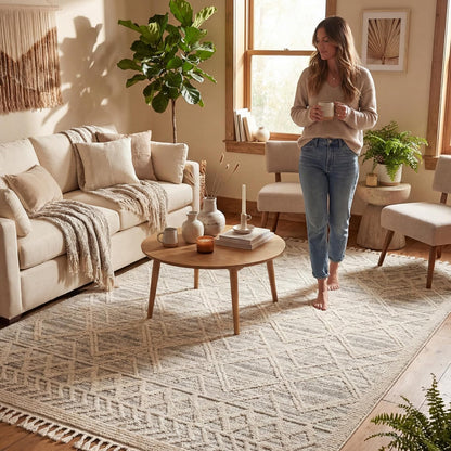 10X14 Ansley Moroccan Tassel Area Rug, Light Grey, High-Low Textured Bohemian Design, Plush High Pile, Stain Resistant, for Bedroom, Living Room, Hallway, Entryway