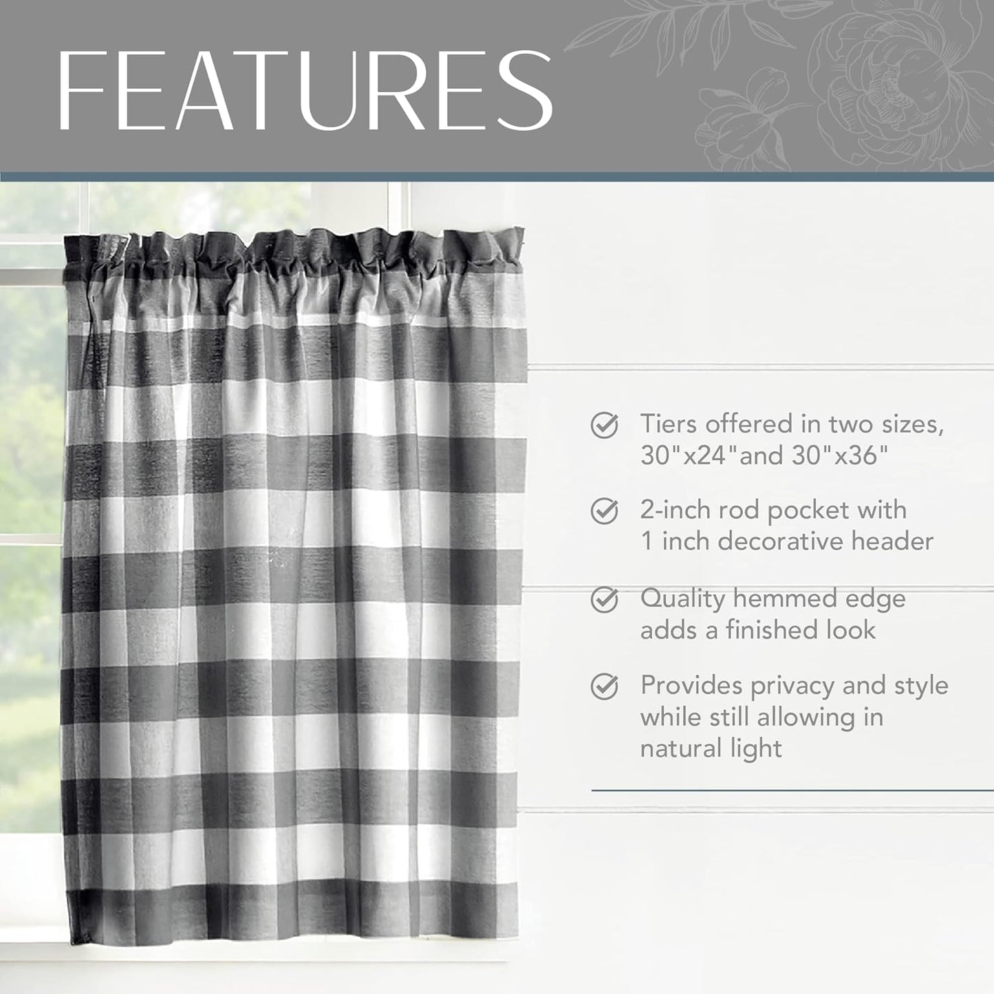 Home Fashions Farmhouse Living Buffalo-Check Tier Curtain Set for Bathroom or Kitchen Curtains, 30" X 24"(Set of 2 Tiers), Black/White
