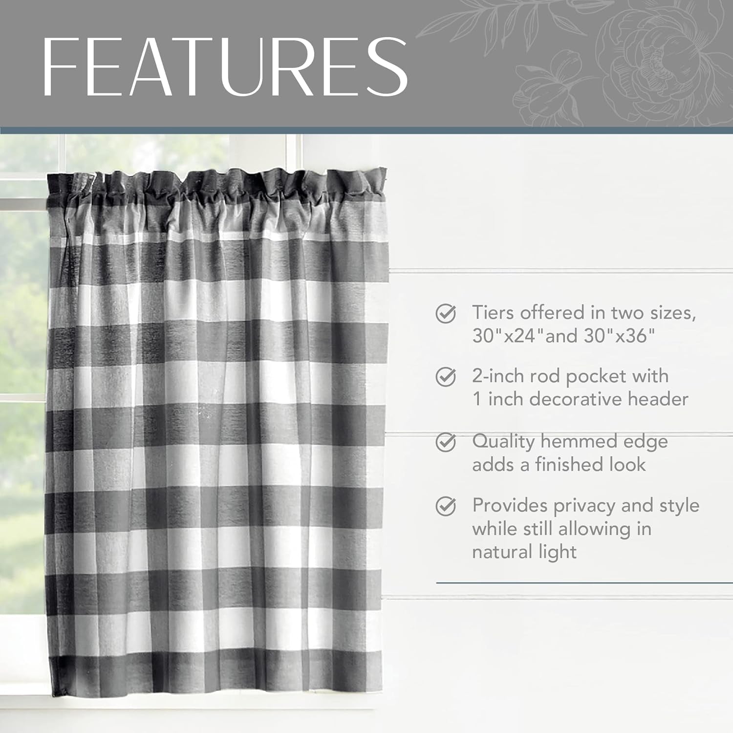 Home Fashions Farmhouse Living Buffalo-Check Tier Curtain Set for Bathroom or Kitchen Curtains, 30" X 24"(Set of 2 Tiers), Black/White