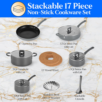 17 Piece Non-Stick Cookware Set, Pots & Pans with Foldable Knob, Space Saving, Stackable, Nylon Tools Set, Induction Base, Gray