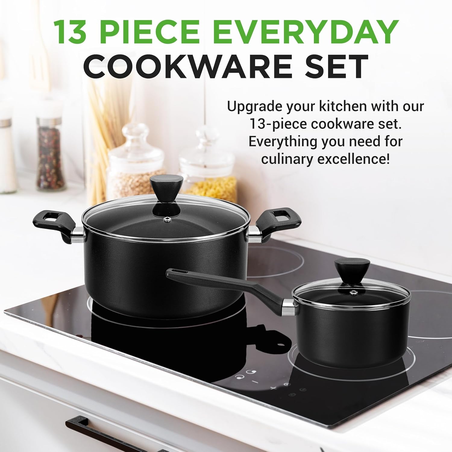 13-Piece Nonstick Cookware - Heat Resistant Kitchen Ware Set W/Saucepan, Frying Pans, Cooking Pots, Casserole, Lids, Ladle, Fork, Strainer - NCCWA13, Black