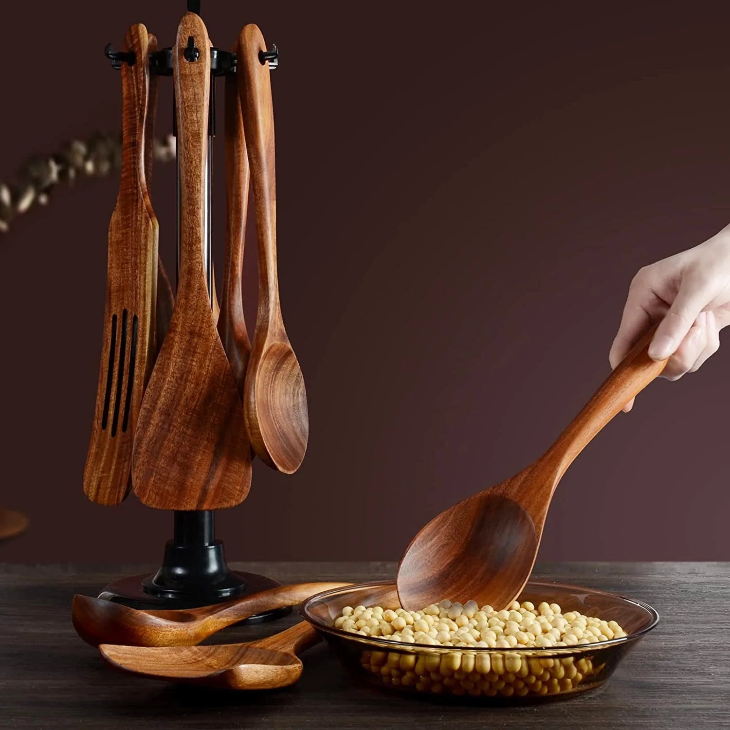 Wooden Spoons for Cooking, Teak Wooden Kitchen Utensils Set Wooden Cooking Utensils 6Pcs Wooden Spatulas Wooden Utensils for Cooking